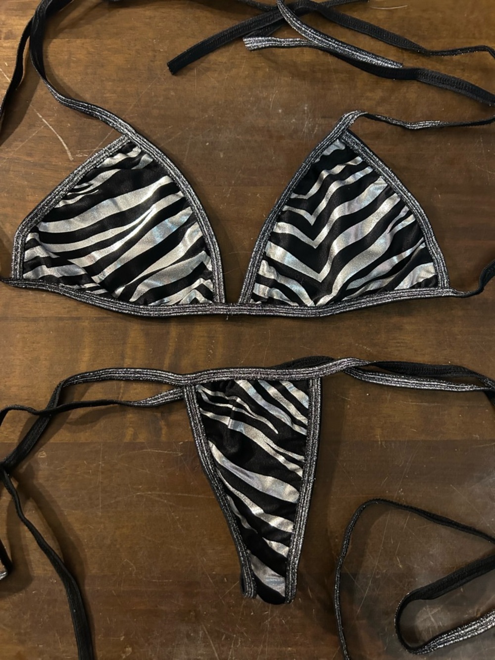 NWOT Handmade Black & Silver Zebra Animal Print Triangle Top Thong Bottom Bikini